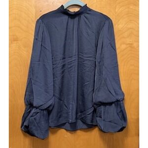 Tahari Womens Mock Neck Double Balloon Sleeve Satin Feel Key Hole Blouse Slate L